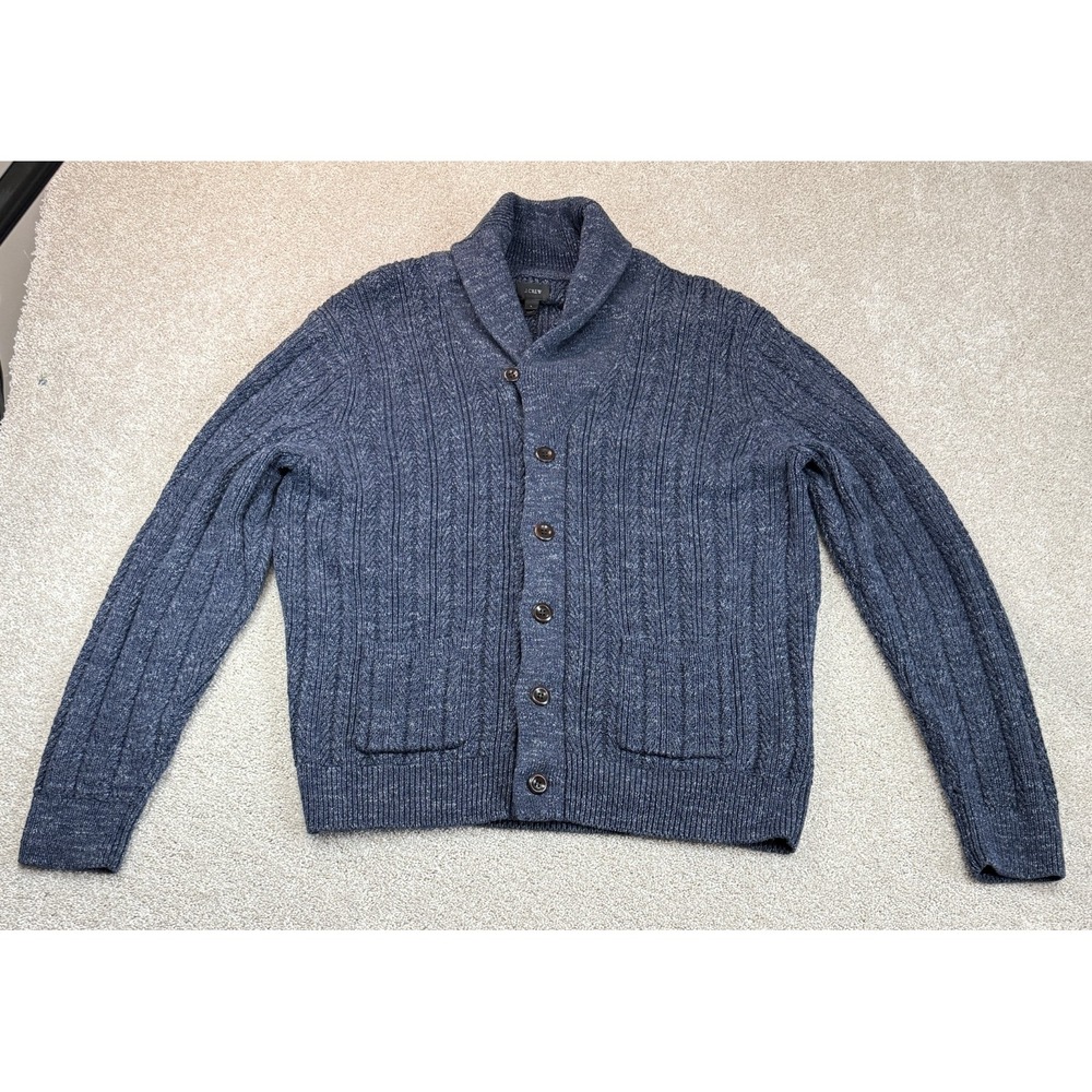 J.CREW Shawl Collar Cardigan Sweater Men LARGE Pockets Elbow Leather Patches